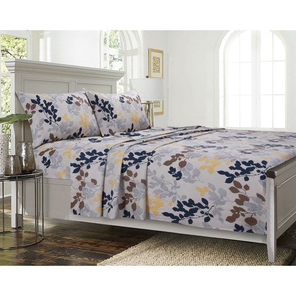 Barcelona Cotton Percale Leaf Printed Extra Deep Pocket Sheet Set with Oversize Flat or Pillowcase S