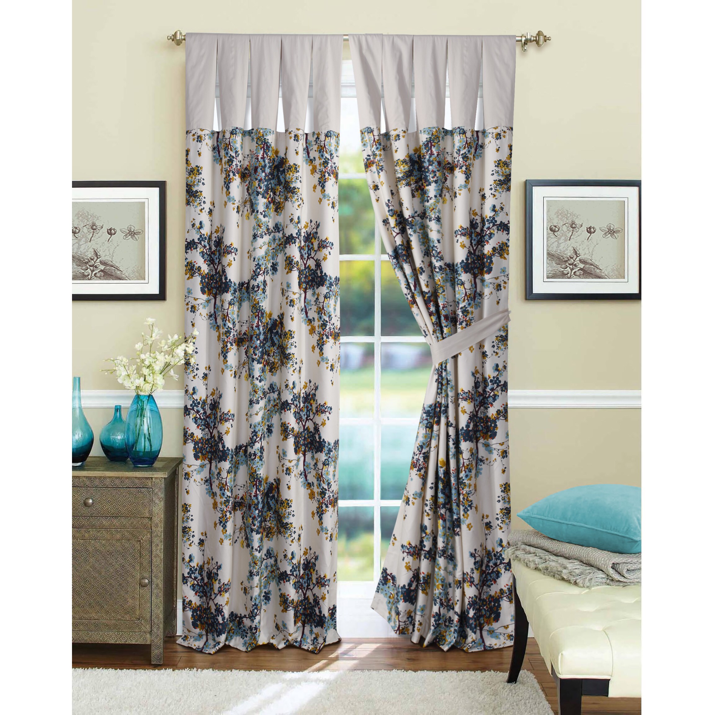 Casablanca Cotton Blue And White Curtain Panel Pair With Tiebacks 11461076 White Curtain Panel Pair With Tiebacks