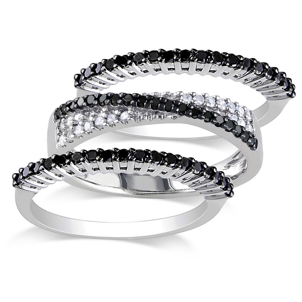 Miadora Sterling Silver 5/8ct TDW Black and White Diamond 3-piece Anniversary Stackable Ring Set