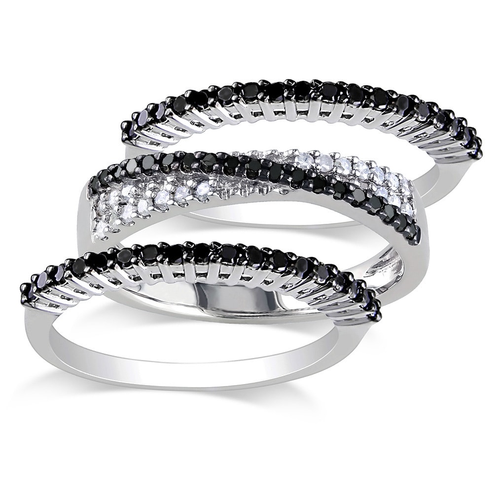 Miadora Sterling Silver 5/8ct TDW Black and White Diamond 3-piece Anniversary Stackable Ring Set