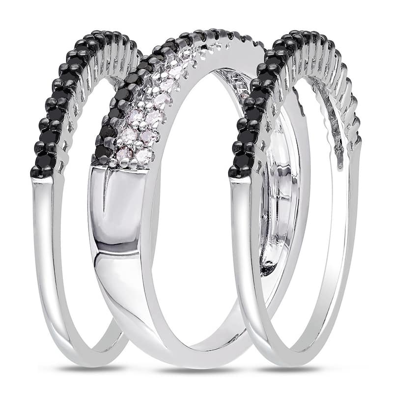 Miadora Sterling Silver 5/8ct TDW Black and White Diamond 3-piece Anniversary Stackable Ring Set