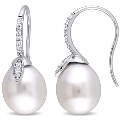 Miadora Signature Collection 14k White Gold Cultured South Sea Pearl and 1/5ct TDW Diamond Linear Flower Earrings (G-H, SI1-SI2)