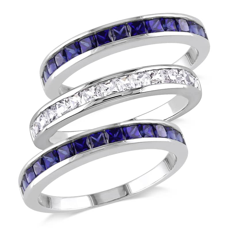 Miadora Sterling Silver 2 1/4ct TGW Square-cut Created Blue and White Sapphire 3-piece Anniversary S