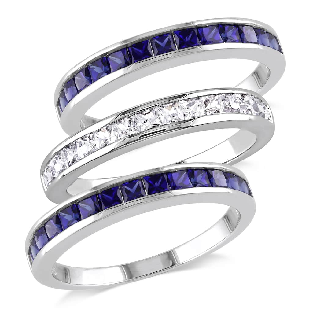 Miadora Sterling Silver 2 1/4ct TGW Square-cut Created Blue and White Sapphire 3-piece Anniversary S