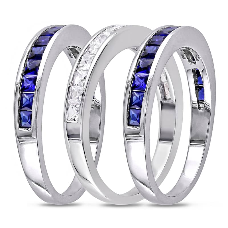 Miadora Sterling Silver 2 1/4ct TGW Square-cut Created Blue and White Sapphire 3-piece Anniversary S