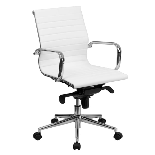 Sleek White Ribbed Leather Swivel Adjustable Office Chair
