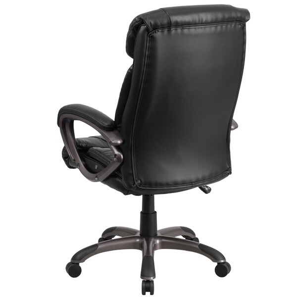 black leather office chair with white stitching