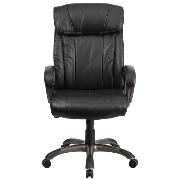 black leather office chair with white stitching