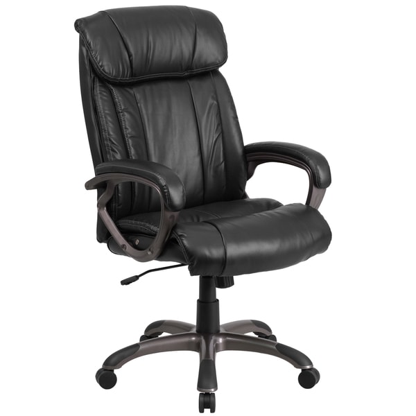 black leather office chair with white stitching