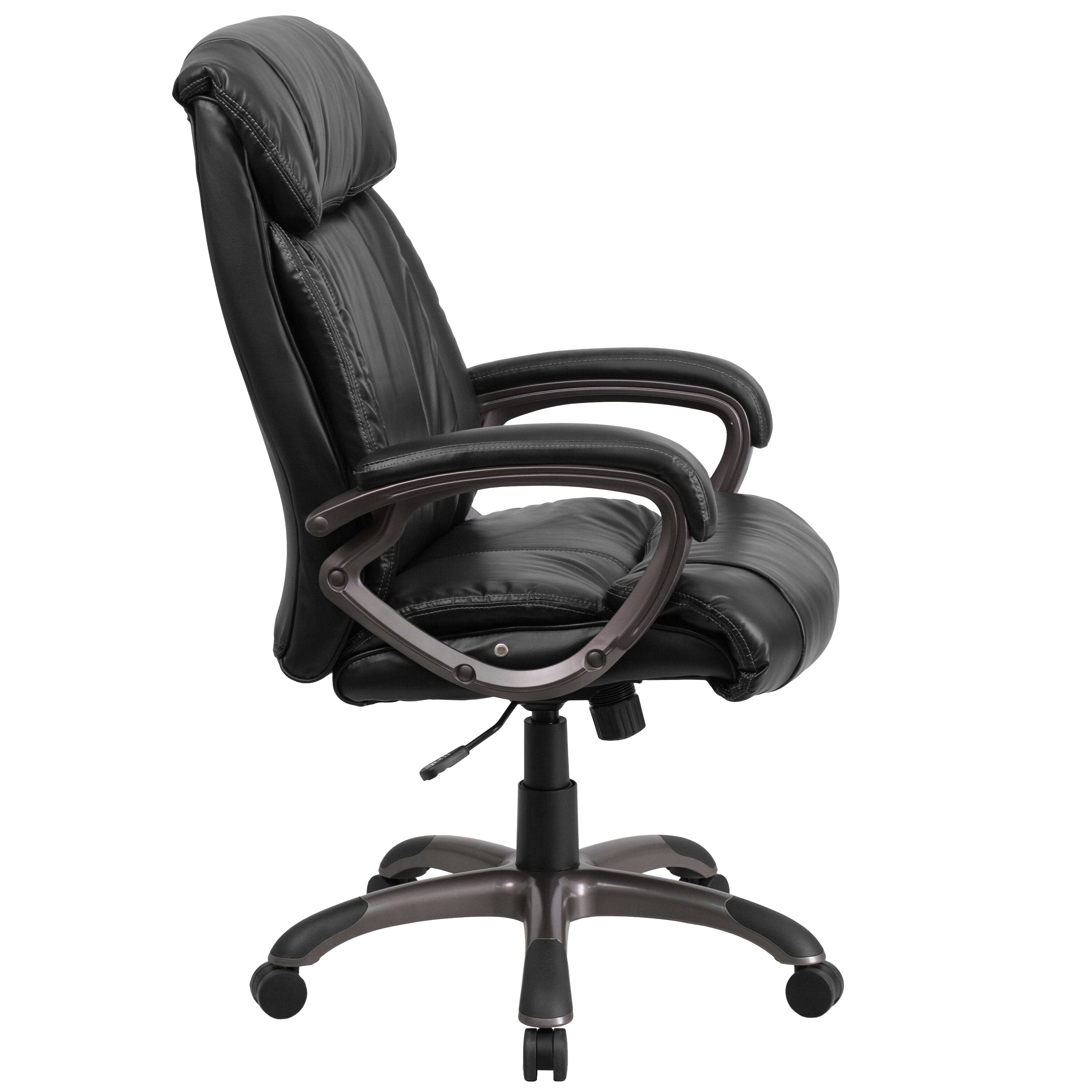 black leather office chair with white stitching