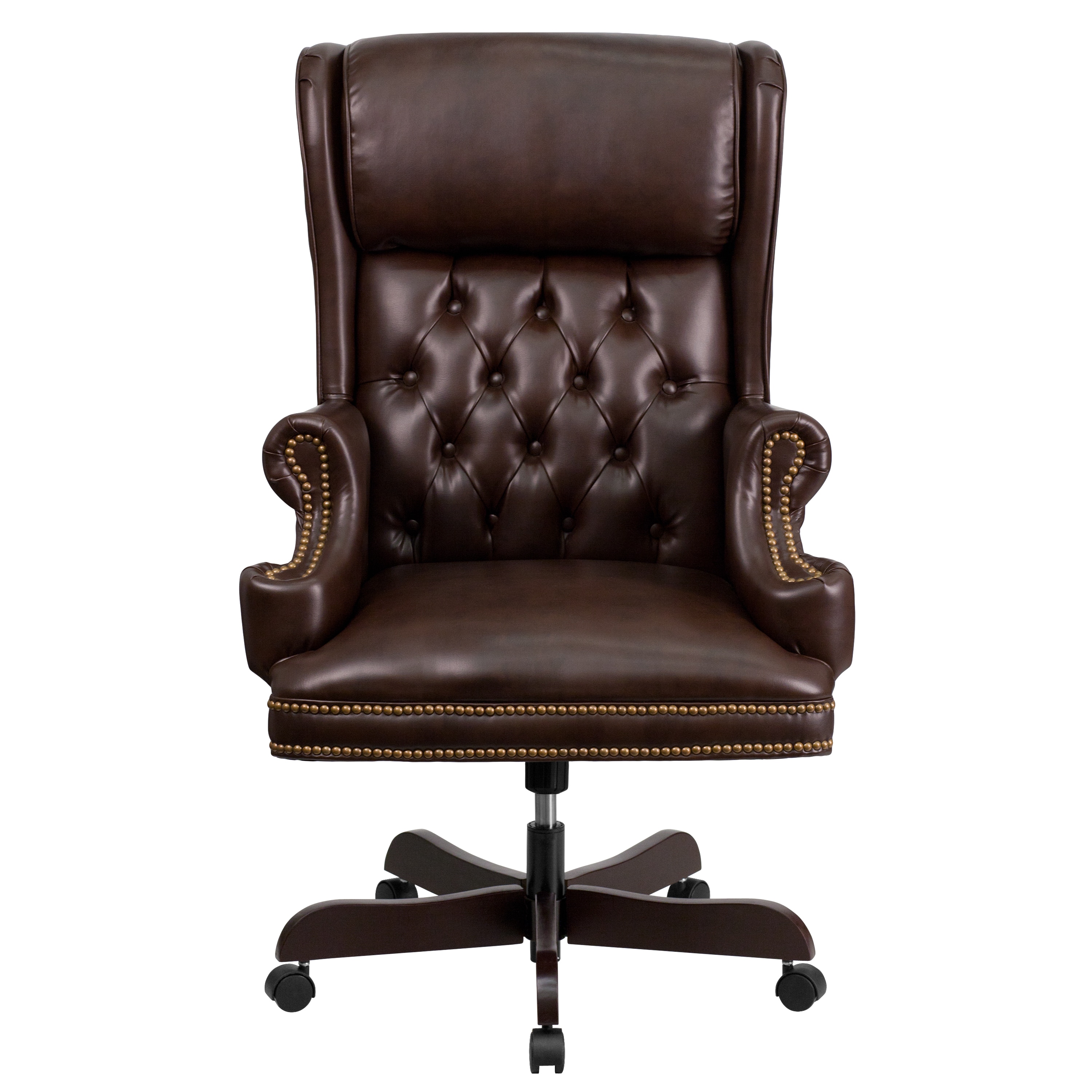 Executive Traditional Button Tufted Brown Leather Swivel Adjustable Office Chair