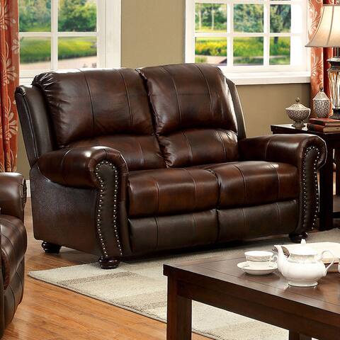 Furniture of America Drow Traditional Brown Leather Nailhead Loveseat