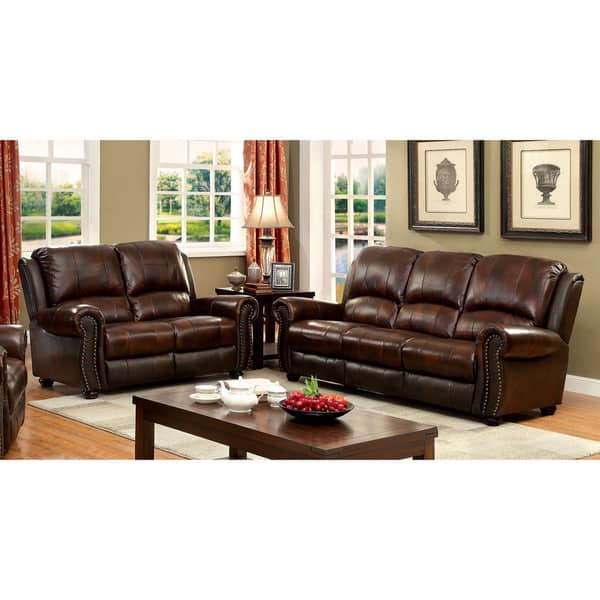 slide 4 of 4, Furniture of America Drow Traditional 2-piece Brown Leather Sofa Set Brown