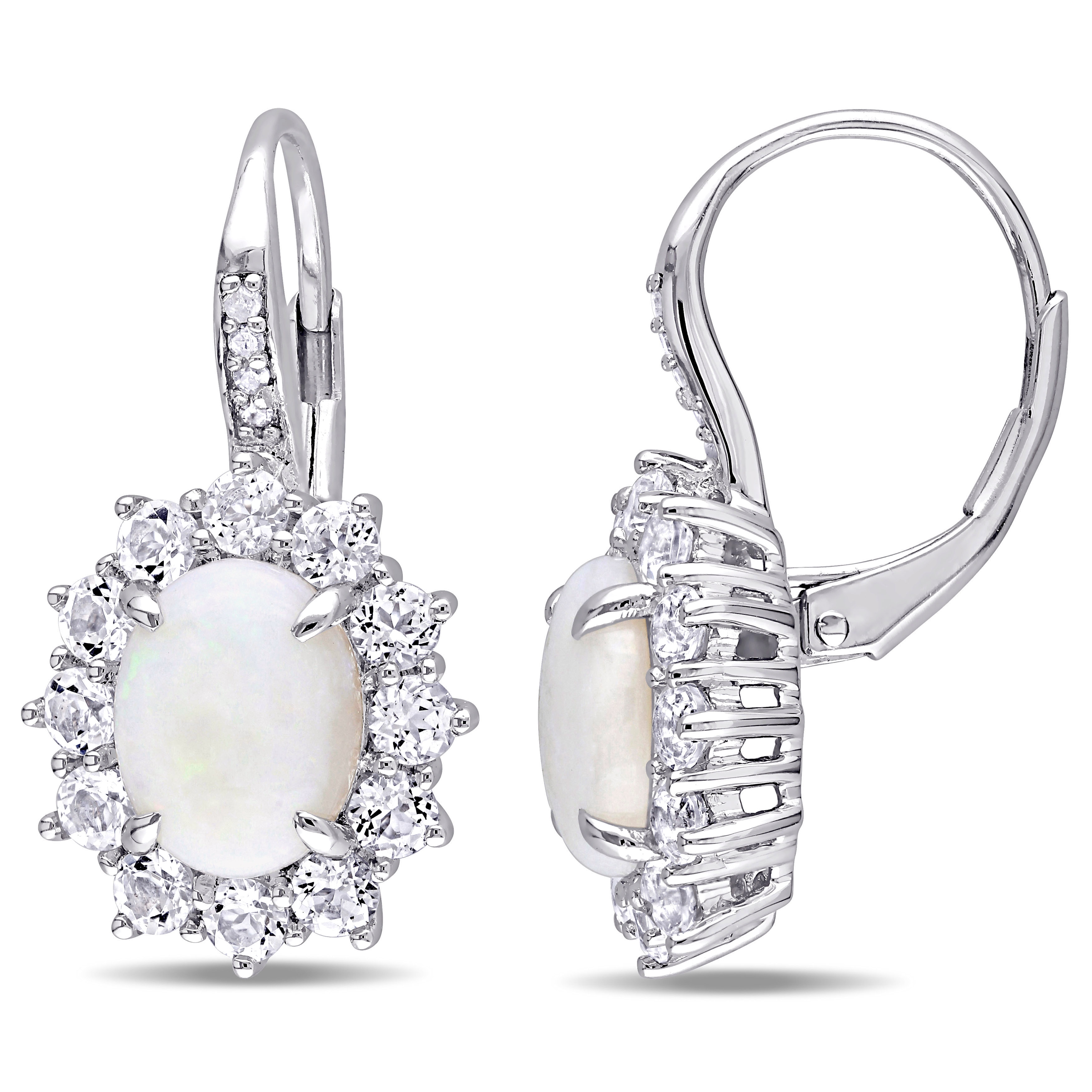 Miadora Sterling Silver Oval-cut Opal and White Topaz Diamond Accent Flower Earrings