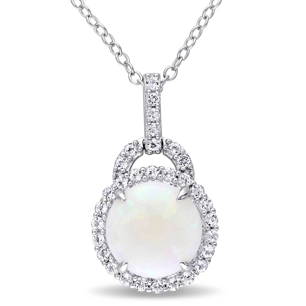 Miadora Sterling Silver Opal and White Topaz Halo Necklace