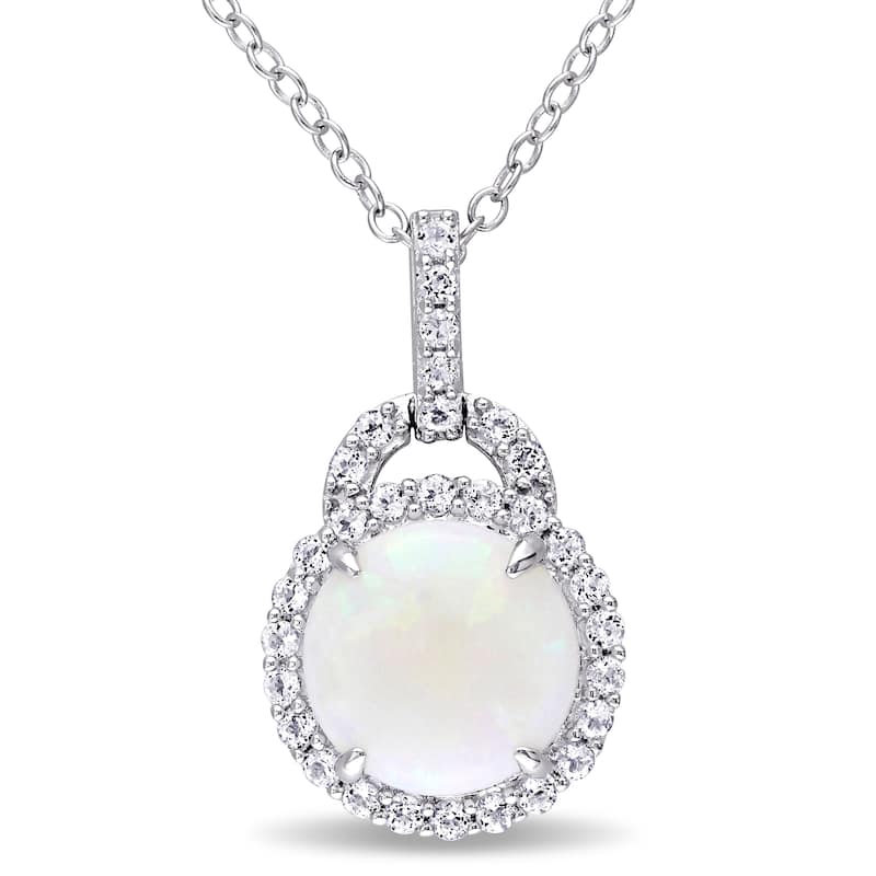 Miadora Sterling Silver Opal and White Topaz Halo Necklace