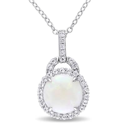 Miadora Sterling Silver Opal and White Topaz Halo Necklace