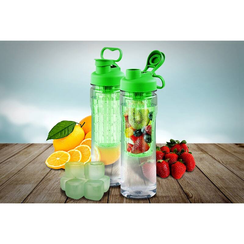 Fruit Infuser Tritan 28 oz. Water Bottle with Reusable Ice Cubes - 2-pack, Green