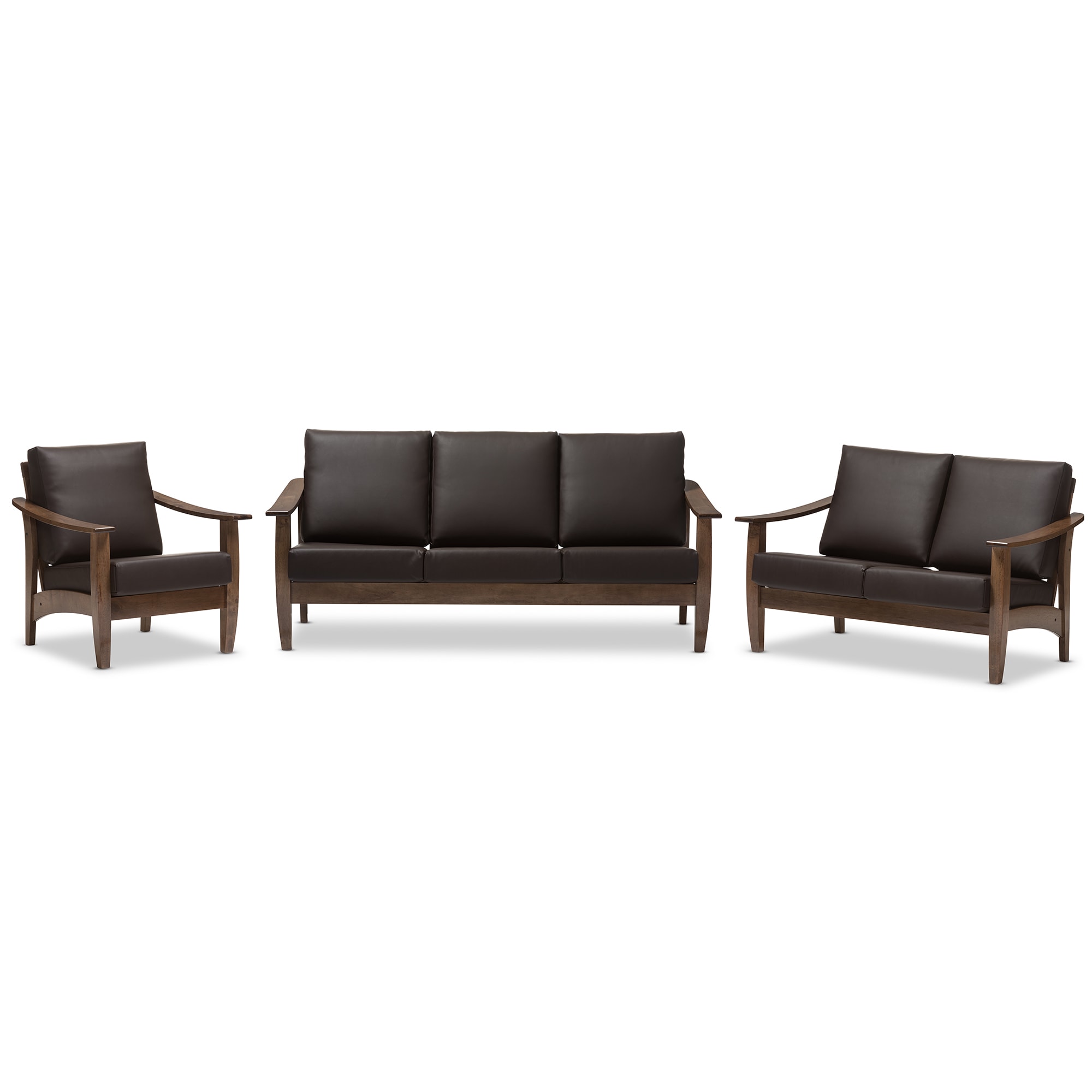 Baxton Studio Phanessa Mid century Modern Brown Faux Leather Living Room Sofa Set