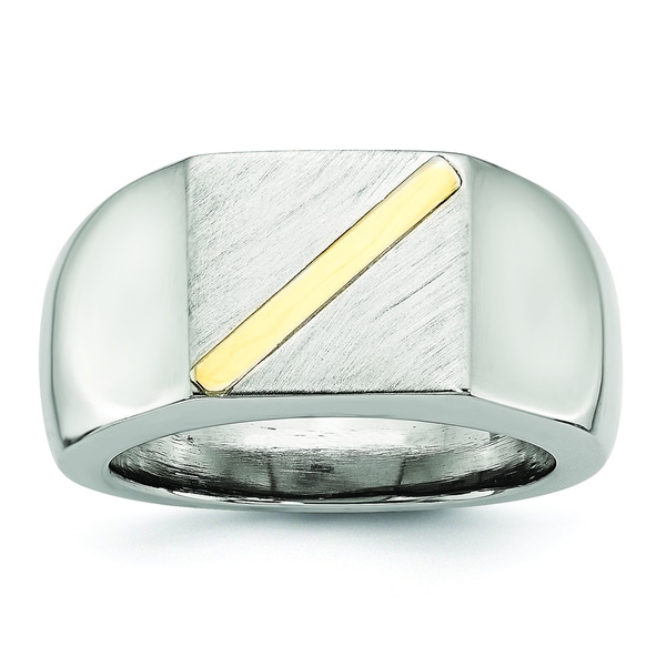 Chisel Stainless Steel Brushed and Polished with 14 Karat Gold Stripe Signet Ring
