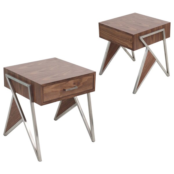 LumiSource Tetra Contemporary Walnut Wood and Stainless Steel End Table with drawer