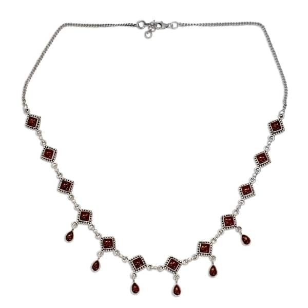 slide 5 of 6, NOVICA Handmade Sterling Silver 'Queen of Diamonds' Garnet Necklace (India) - 7'6" x 9'6"