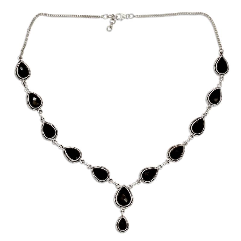 Handmade Sterling Silver 'Midnight Teardrop' Onyx Necklace (India)