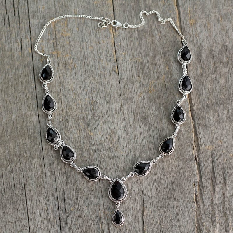 Handmade Sterling Silver 'Midnight Teardrop' Onyx Necklace (India)