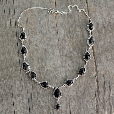 Handmade Sterling Silver 'Midnight Teardrop' Onyx Necklace (India)