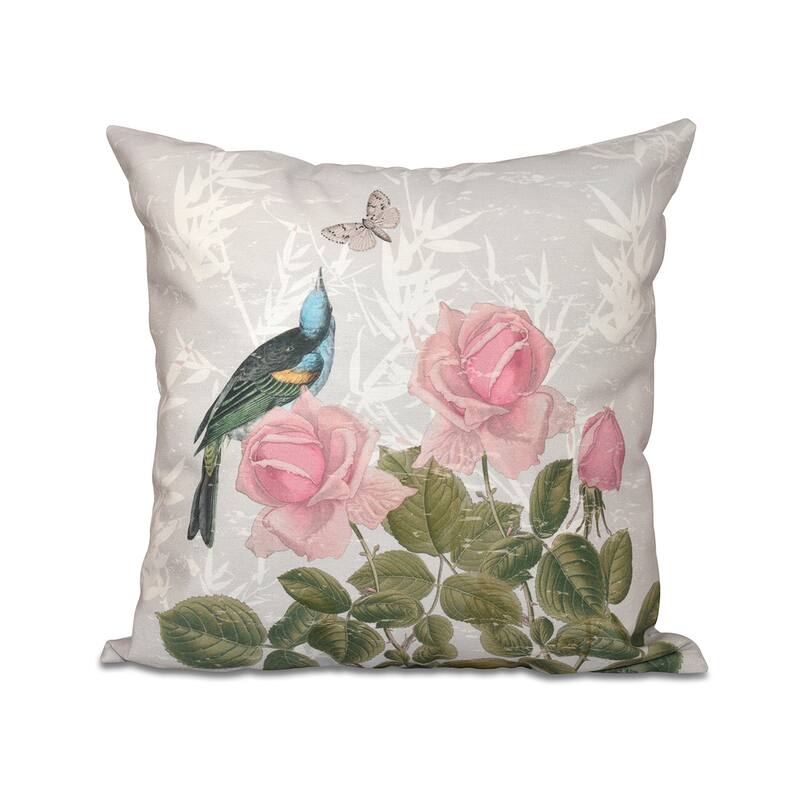 Asian Rose Floral Print 18-inch Throw Pillow - Grey