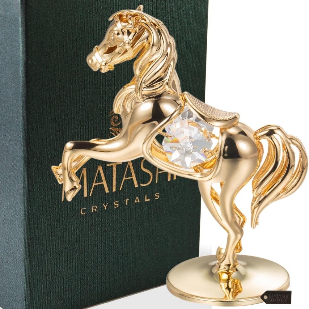 24k Goldplated Elegant Horse On a Pedestal Made with Genuine Matashi Crystals