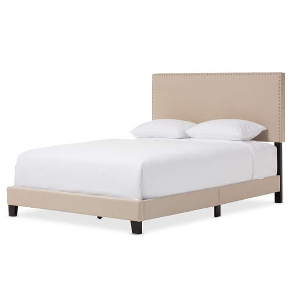 Baxton Studio Simonides Contemporary Grey Beige Upholstered Queen Size Platform Bed With Nailheads Overstock 20543690 Grey