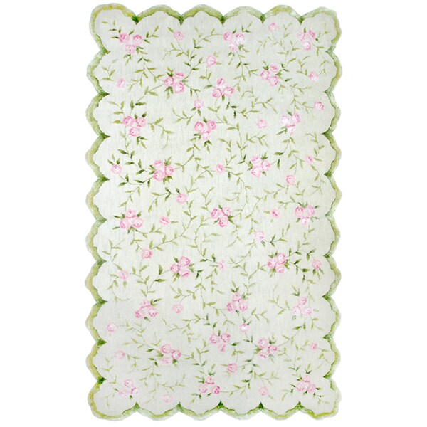 Hand-hooked Sweet Rose/ Pink/ Green Rug - 2'8 x 4'8