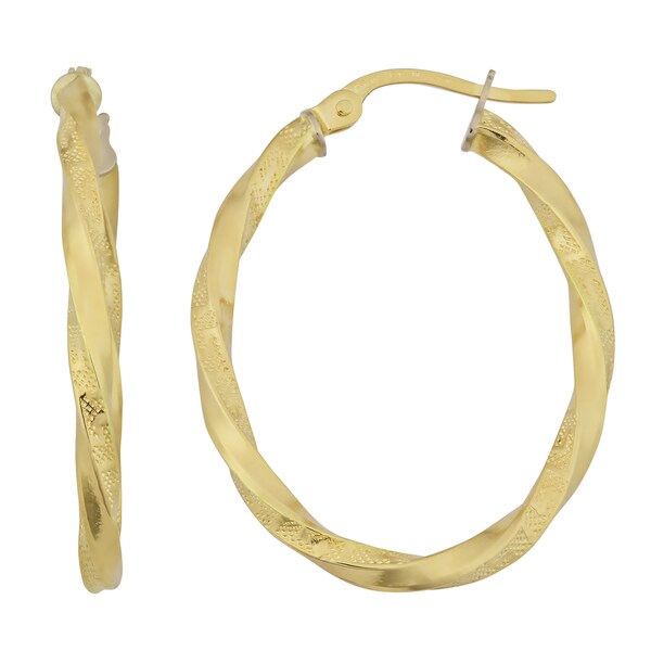 Fremada 18k Yellow Gold Italian 2x25-mm Greek Key Twisted Oval Hoop Earrings. Opens flyout.