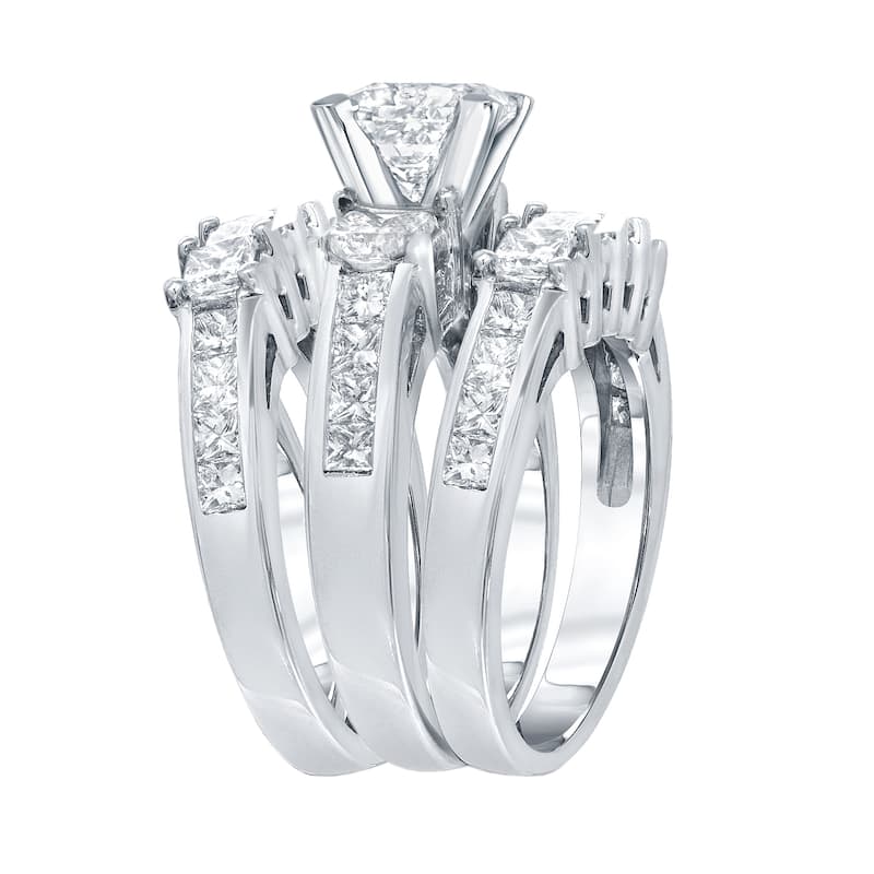 Auriya 14k Gold 4ct TDW 3-Stone Princess-Cut Diamond Engagement Ring 3pc Set Certified - 4 - White