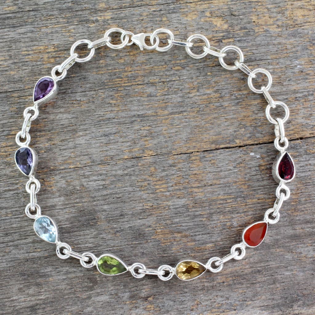 Handmade Sterling Silver 'Inner Glow' Multi-gemstone Bracelet (India)