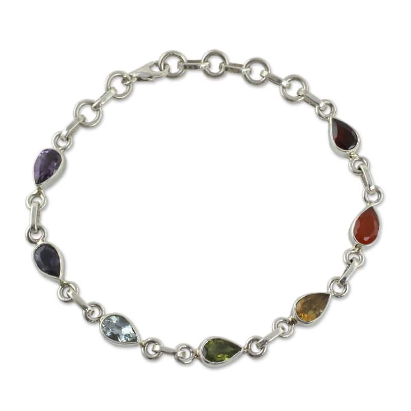 Handmade Sterling Silver 'Inner Glow' Multi-gemstone Bracelet (India)