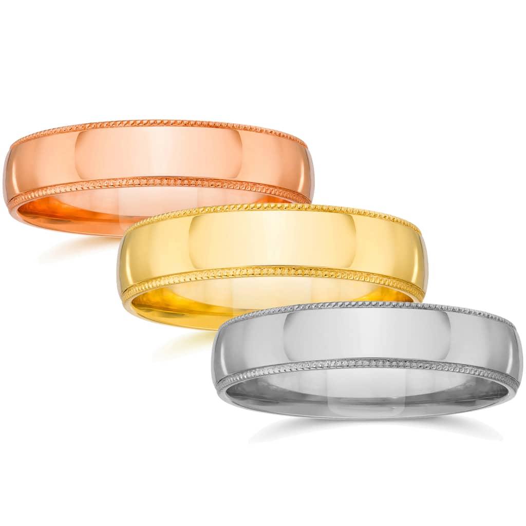 14k White Yellow and Rose Gold 5mm Plain Milgrain Wedding Band