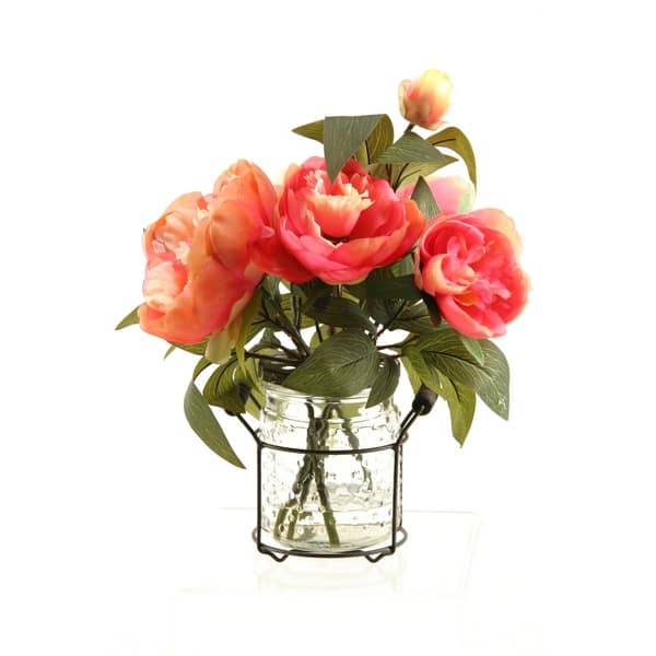 slide 1 of 1, D&W Silks Pink Peonies in Glass Jar with Metal Handle Pink peonies
