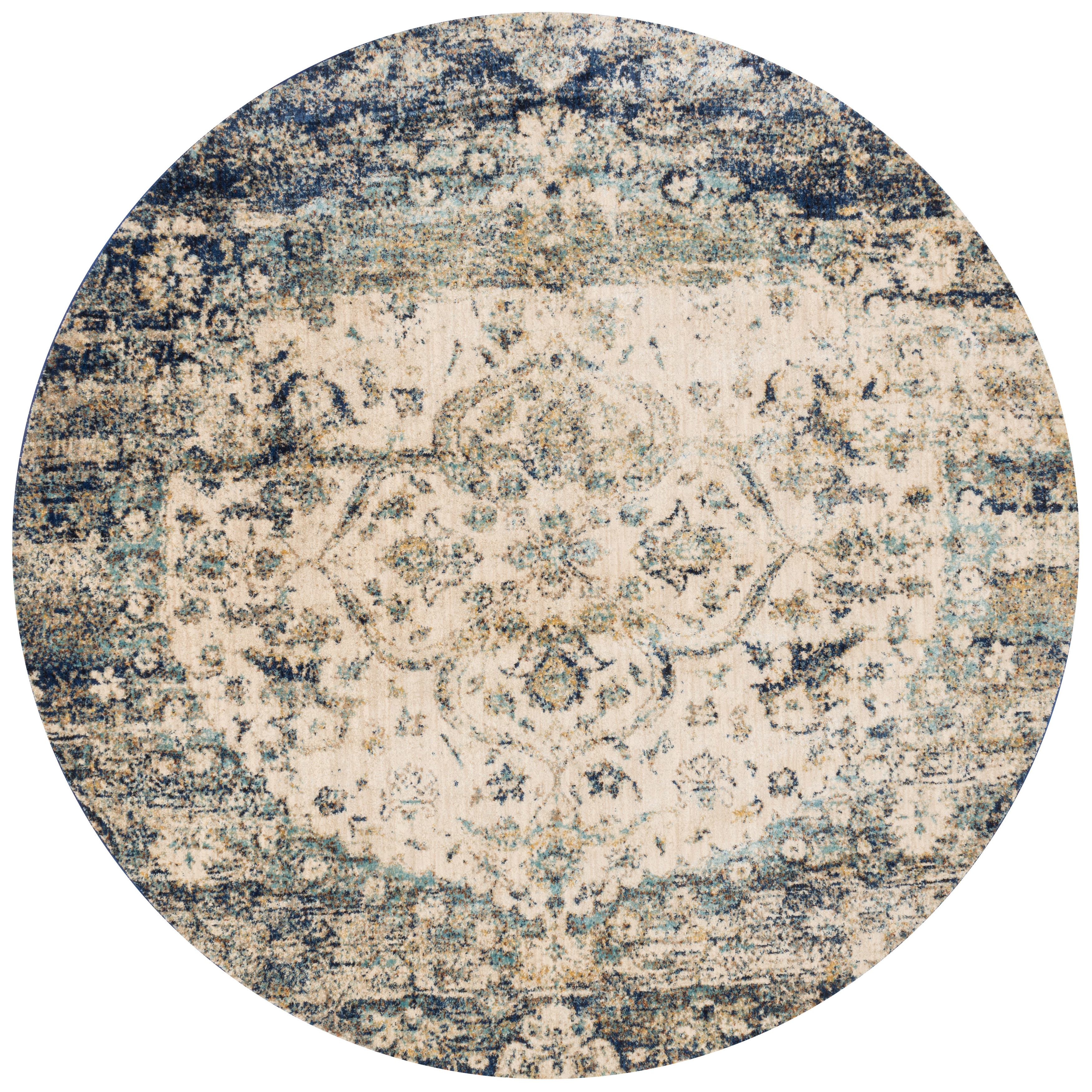 Traditional Blue Ivory Medallion Distressed Round Rug 7 10 Medallion Distressed Round Rug