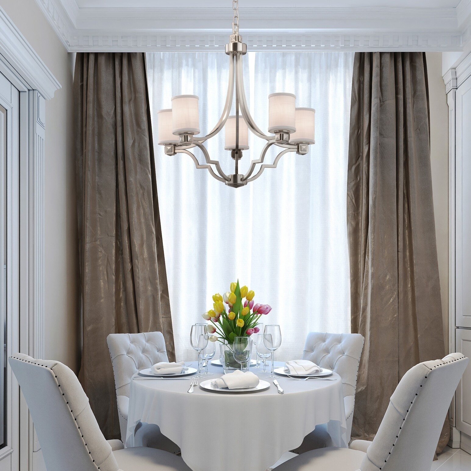 Textile Argyle 5-light Brushed Nickel Chandelier, White Cylinder - Flat Rim Shade (Brushed Nickel, White) - Chandeliers For Bedrooms by Overstock.com