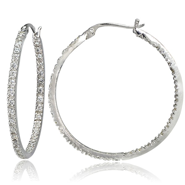 ICZ Stonez Silver Inside-Out Cubic Zirconia 2mm Round Hoop Earrings, 30mm