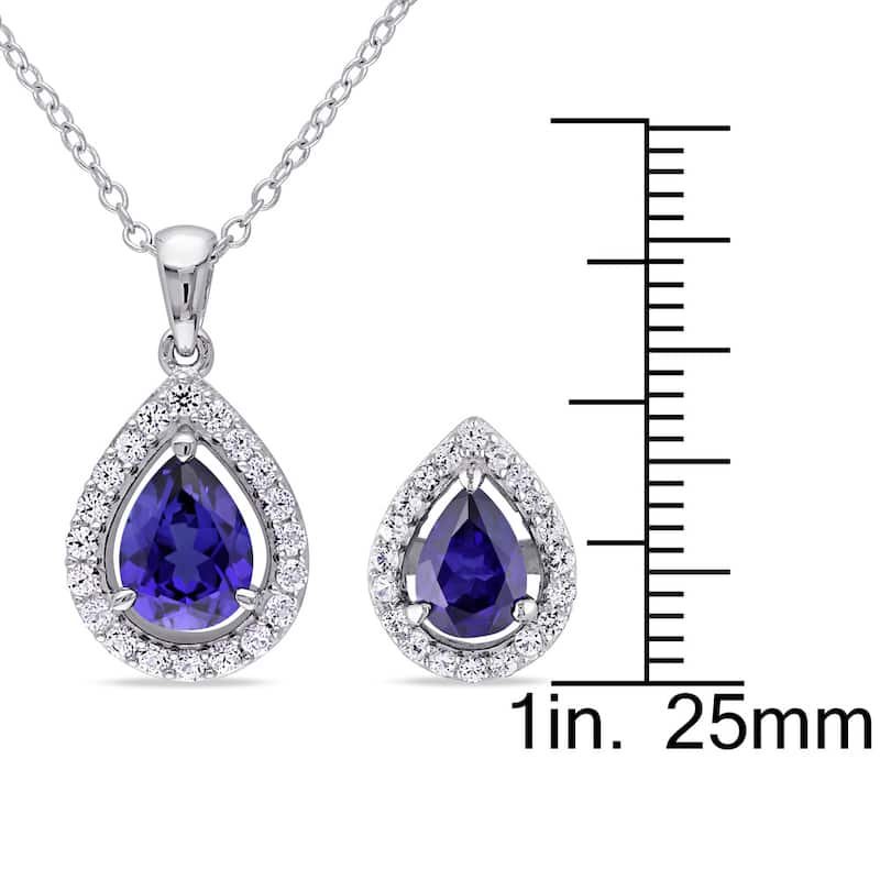 Miadora Sterling Silver Pear-cut Created Blue and White Sapphire Halo Teardrop Necklace and Stud Earrings 2-Piece Set