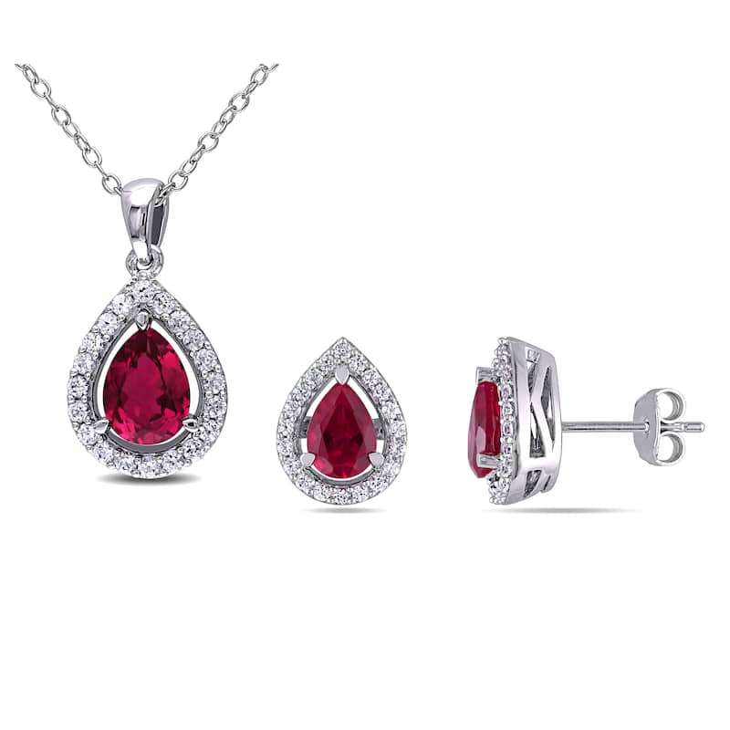 Miadora Sterling Silver Created Ruby Created White Sapphire Necklace Stud Earrings Set - Red