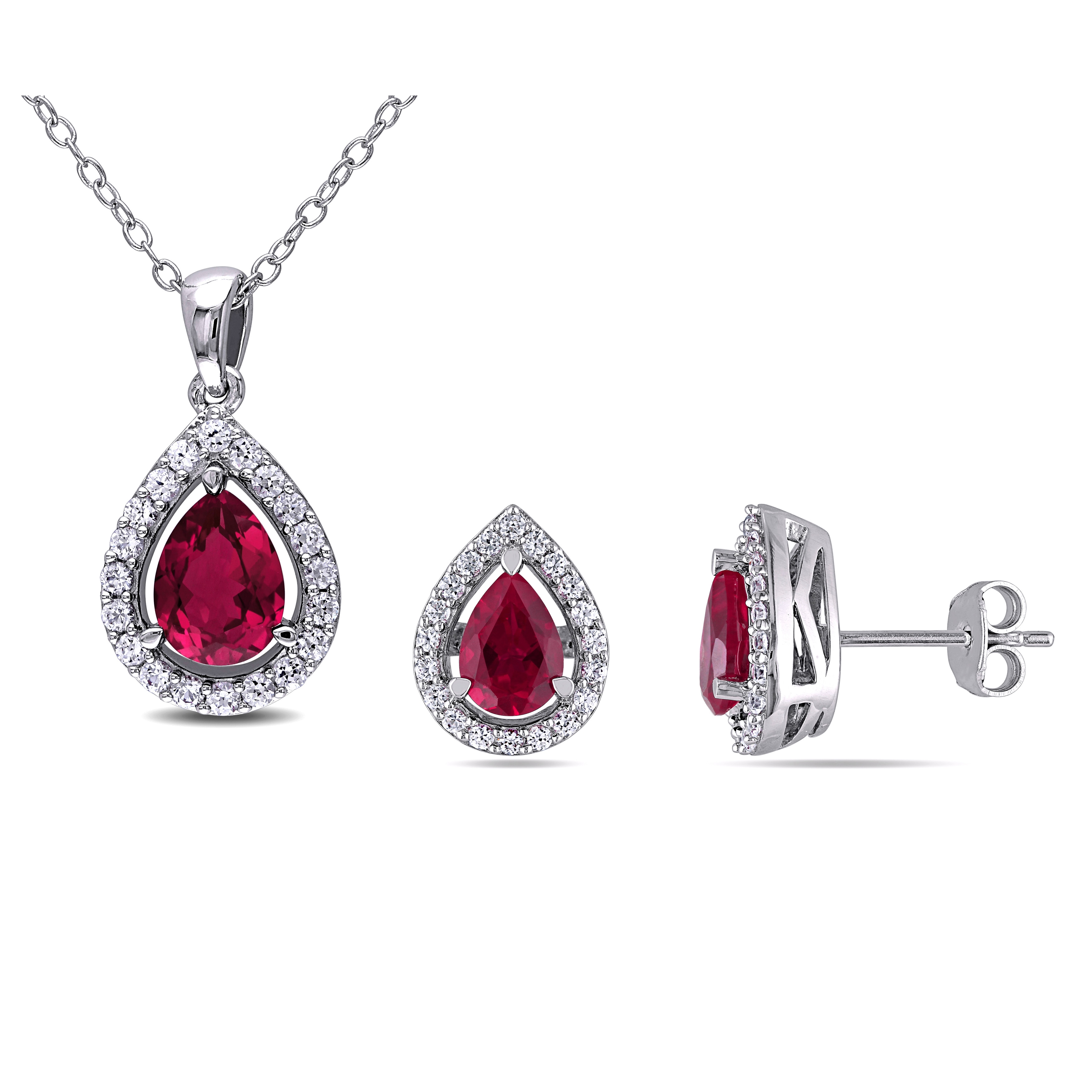 Miadora Sterling Silver Created Ruby Created White Sapphire Necklace Stud Earrings Set