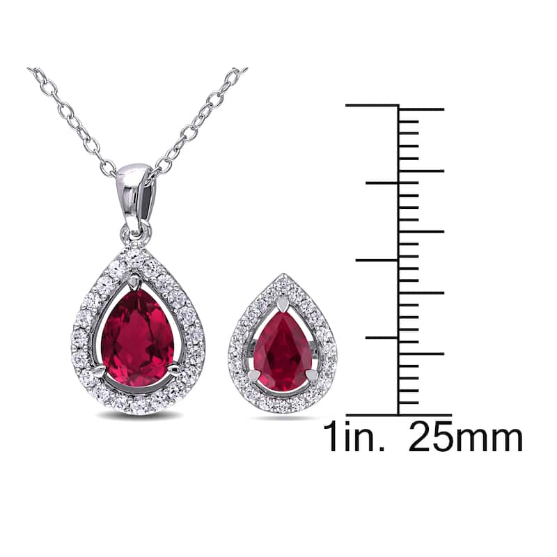 Miadora Sterling Silver Pear-cut Created Ruby and Created White Sapphire Halo Teardrop Necklace and Stud Earrings 2-Piece Set