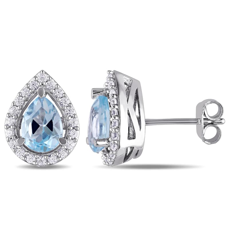 Miadora Sterling Silver Pear-cut Blue Topaz and Created White Sapphire Halo Teardrop Stud Earrings