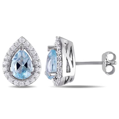 Miadora Sterling Silver Pear-cut Blue Topaz and Created White Sapphire Halo Teardrop Stud Earrings