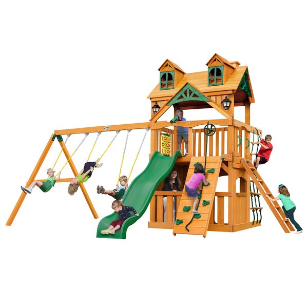 Gorilla Playsets Mountaineer Clubhouse Cedar Swing Set with Malibu Wood Roof and Natural Cedar Posts - Brown