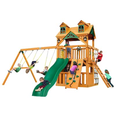 Gorilla Playsets Mountaineer Clubhouse Cedar Swing Set with Malibu Wood Roof and Natural Cedar Posts - Brown